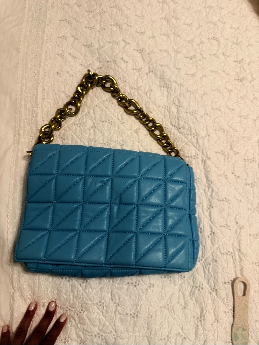 Quilted Blue Chain-Handle Shoulder Bag